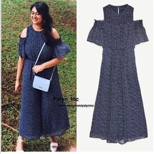 ZARA Sz S JUMPSUIT NAVY/WHITE FLOWING LONG POLKA DOT